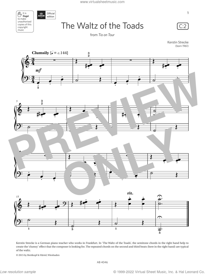 The Waltz of the Toads (Grade Initial, list C2, from the ABRSM Piano Syllabus 2023 and 2024) sheet music for piano solo by Kerstin Strecke, classical score, intermediate skill level
