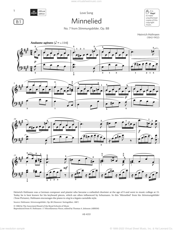 Minnelied (Grade 5, list B1, from the ABRSM Piano Syllabus 2023 and 2024) sheet music for piano solo by Heinrich Hofmann, classical score, intermediate skill level