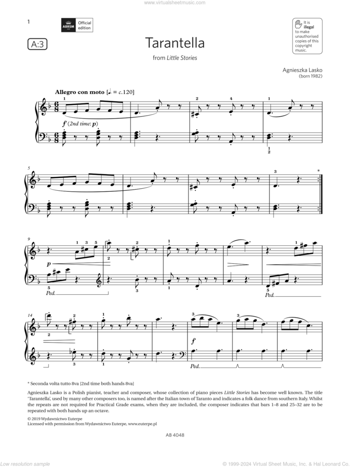 Tarantella (Grade 2, list A3, from the ABRSM Piano Syllabus 2023 and 2024) sheet music for piano solo by Agnieszka Lasko, classical score, intermediate skill level