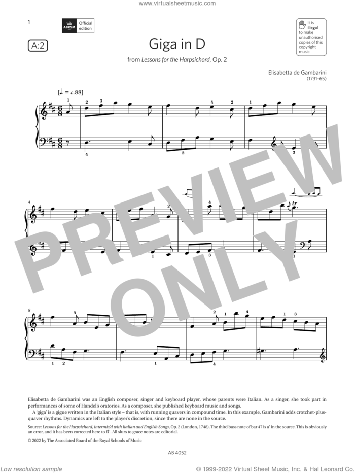 Giga in D (Grade 6, list A2, from the ABRSM Piano Syllabus 2023 and 2024) sheet music for piano solo by Elisabetta de Gambarini, classical score, intermediate skill level