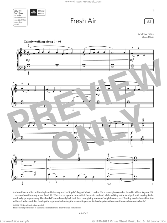 Fresh Air (Grade 1, list B1, from the ABRSM Piano Syllabus 2023 and 2024) sheet music for piano solo by Andrew Eales, classical score, intermediate skill level