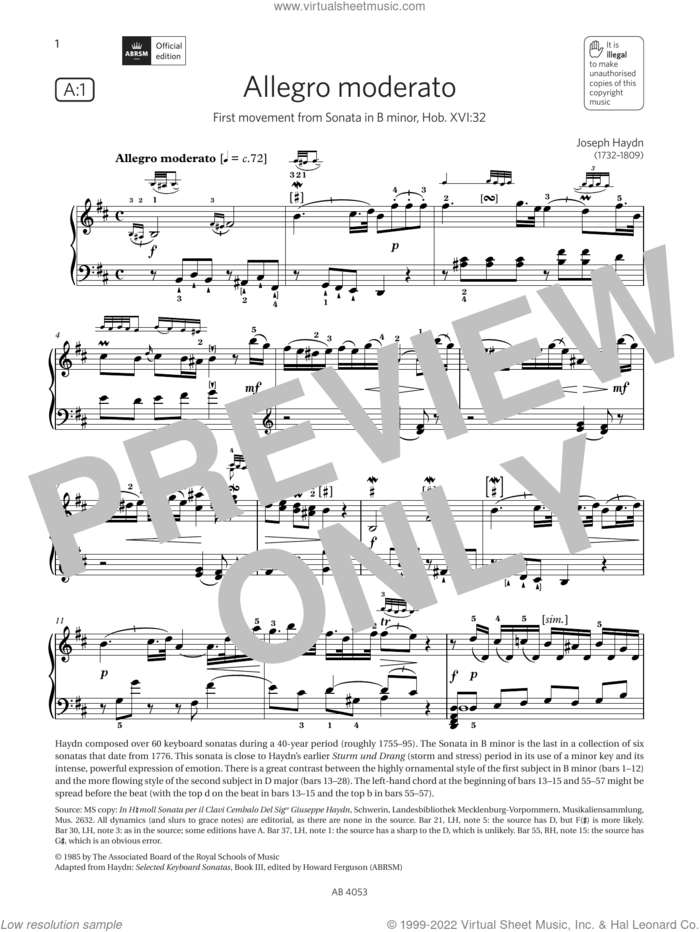 Allegro moderato (Grade 7, list A1, from the ABRSM Piano Syllabus 2023 and 2024) sheet music for piano solo by Franz Joseph Haydn, classical score, intermediate skill level