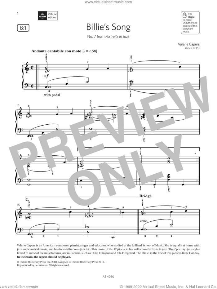 Billie's Song (Grade 4, list B1, from the ABRSM Piano Syllabus 2023 and 2024) sheet music for piano solo by Valerie Capers, classical score, intermediate skill level