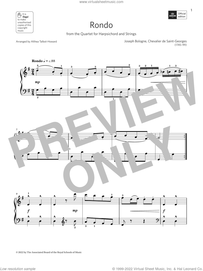 Rondo from Quartet for harpsichord and strings (Grade 2, list A11, ABRSM Piano Syllabus 2023 and 2024) sheet music for piano solo by Althea Talbot-Howard, Chevalier de St Georges and Joseph Bologne, classical score, intermediate skill level