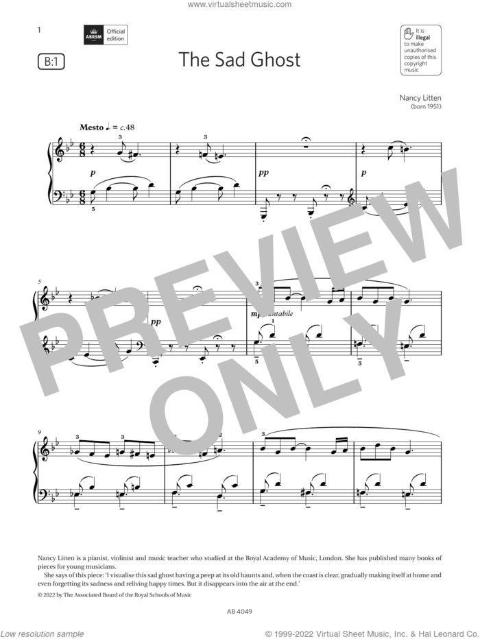 The Sad Ghost (Grade 3, list B1, from the ABRSM Piano Syllabus 2023 and 2024) sheet music for piano solo by Nancy Litten, classical score, intermediate skill level
