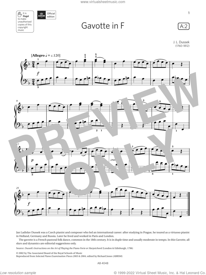 Gavotte in F (Grade 2, list A2, from the ABRSM Piano Syllabus 2023 and 2024) sheet music for piano solo by Johann Ladislau Dussek, classical score, intermediate skill level