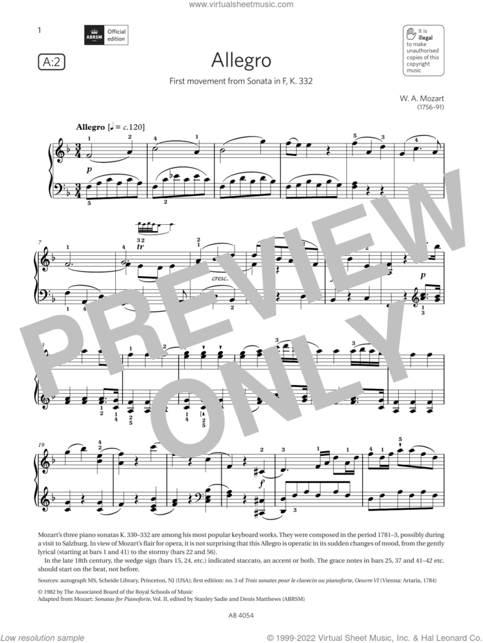 Allegro (Grade 8, list A2, from the ABRSM Piano Syllabus 2023 and 2024) sheet music for piano solo by Wolfgang Amadeus Mozart, classical score, intermediate skill level