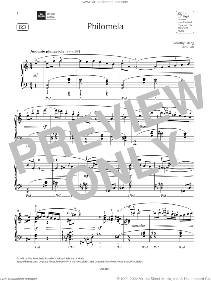 Philomela (Grade 5, list B3, from the ABRSM Piano Syllabus 2023 and 2024) sheet music for piano solo by Dorothy Pilling, classical score, intermediate skill level