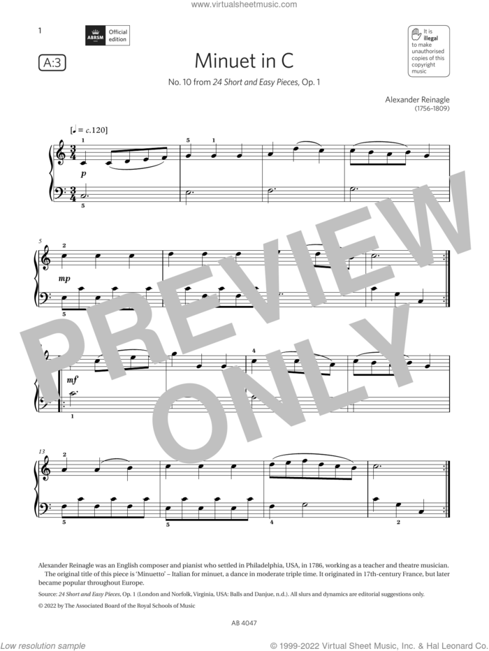 Minuet in C (Grade 1, list A3, from the ABRSM Piano Syllabus 2023 and 2024) sheet music for piano solo by Alexander Reinagle, classical score, intermediate skill level