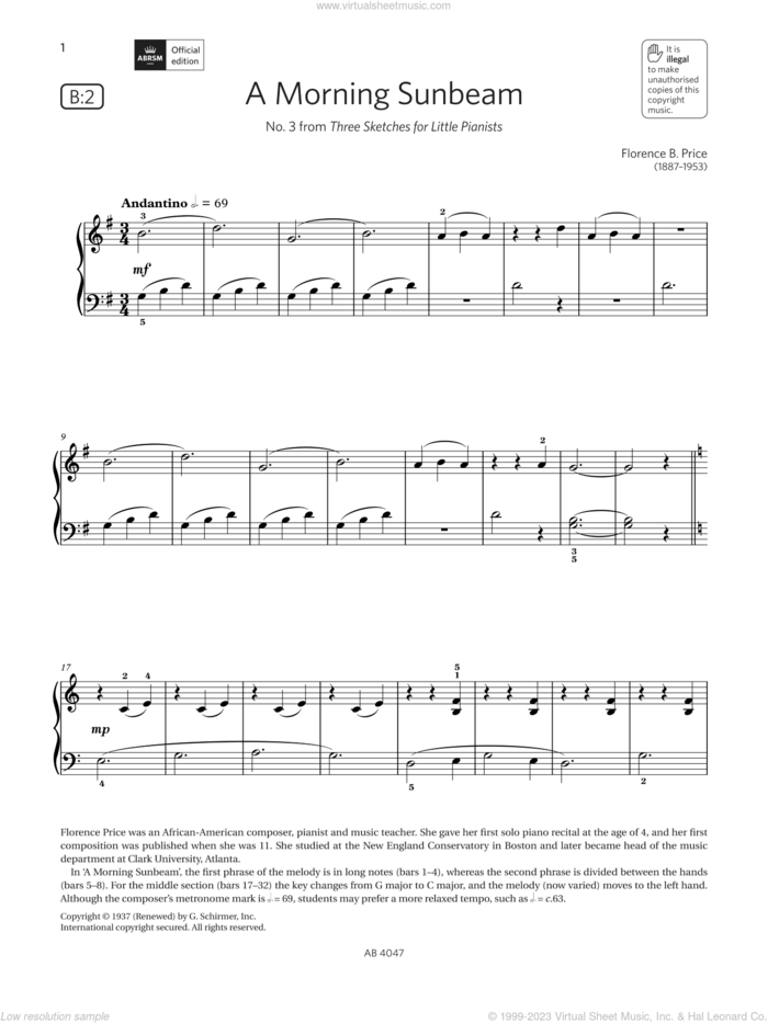 A Morning Sunbeam (Grade 1, list B2, from the ABRSM Piano Syllabus 2023 and 2024) sheet music for piano solo by Florence Price, classical score, intermediate skill level