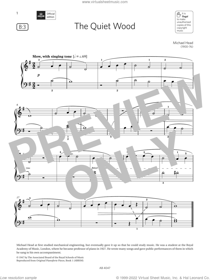 The Quiet Wood (Grade 1, list B3, from the ABRSM Piano Syllabus 2023 and 2024) sheet music for piano solo by Michael Head, classical score, intermediate skill level