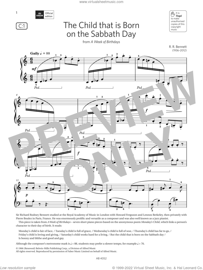 The Child that Is Born on the Sabbath Day (Grade 6, list C1, from ABRSM Piano Syllabus 2023 and 2024) sheet music for piano solo by R R Bennett, classical score, intermediate skill level
