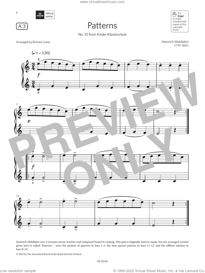 Patterns (Grade Initial, list A3, from the ABRSM Piano Syllabus 2023 and 2024) sheet music for piano solo by Richard Jones and Heinrich Wohlfahrt, classical score, intermediate skill level