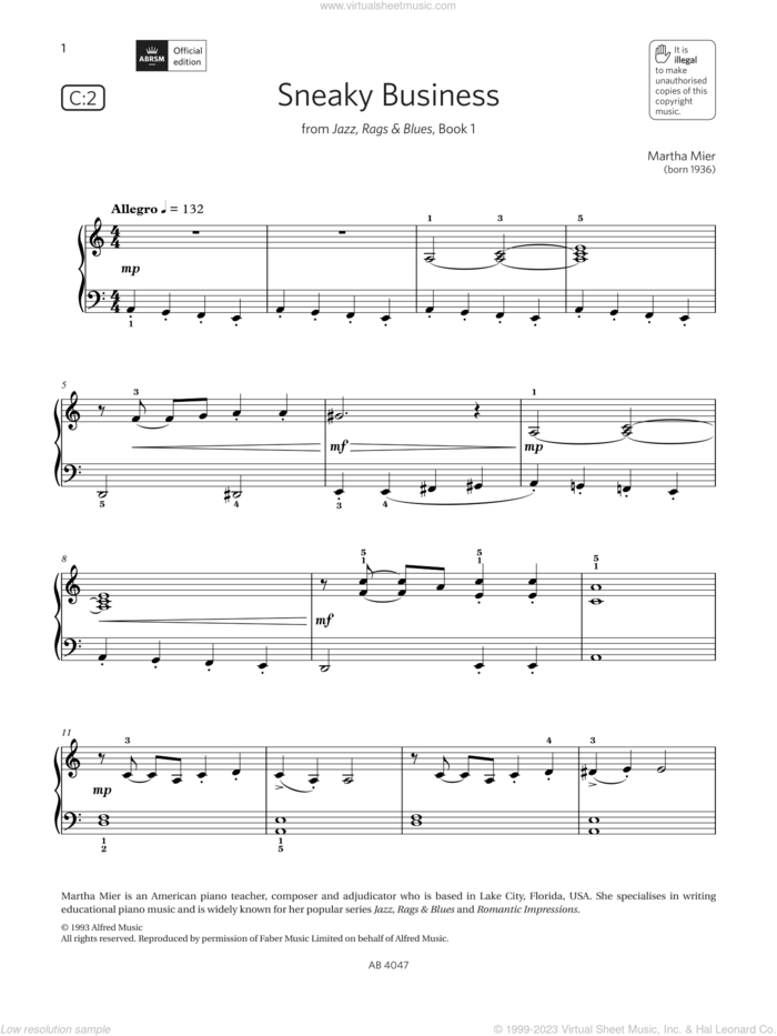 Sneaky Business (Grade 1, list C2, from the ABRSM Piano Syllabus 2023 and 2024) sheet music for piano solo by Martha Mier, classical score, intermediate skill level