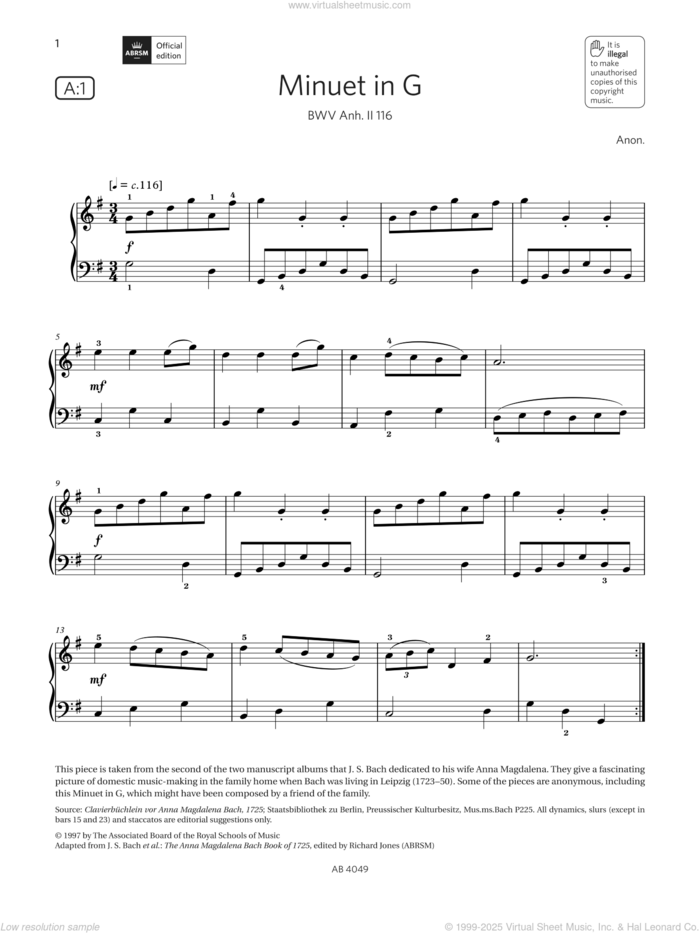 Minuet in G (Grade 3, list A1, from the ABRSM Piano Syllabus 2023 and 2024) sheet music for piano solo by Anon, classical score, intermediate skill level