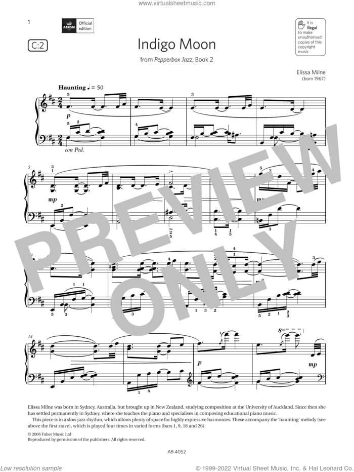 Indigo Moon (Grade 6, list C2, from the ABRSM Piano Syllabus 2023 and 2024) sheet music for piano solo by Elissa Milne, classical score, intermediate skill level