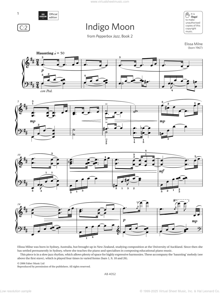 Indigo Moon (Grade 6, list C2, from the ABRSM Piano Syllabus 2023 and 2024) sheet music for piano solo by Elissa Milne, classical score, intermediate skill level