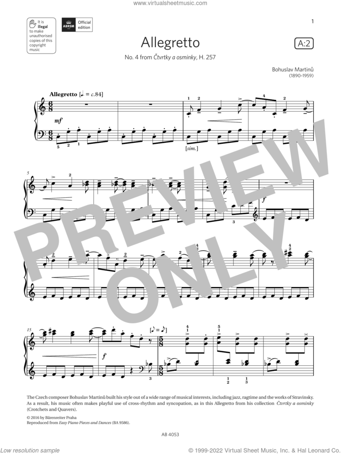 Allegretto (Grade 7, list A2, from the ABRSM Piano Syllabus 2023 and 2024) sheet music for piano solo by Bohuslav Martinu, classical score, intermediate skill level