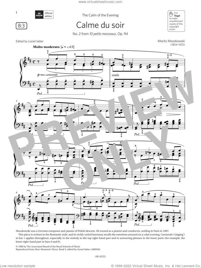 Calme du soir (Grade 7, list B3, from the ABRSM Piano Syllabus 2023 and 2024) sheet music for piano solo by Moritz Moszkowski, classical score, intermediate skill level