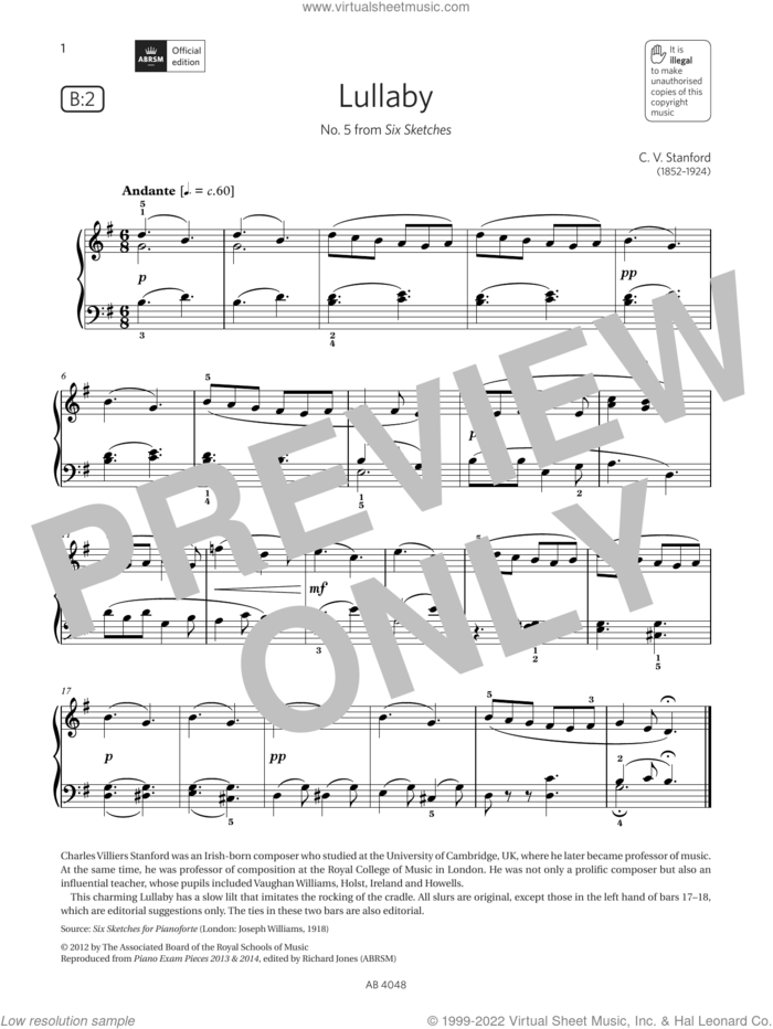Lullaby (Grade 2, list B2, from the ABRSM Piano Syllabus 2023 and 2024) sheet music for piano solo by C V Stanford, classical score, intermediate skill level