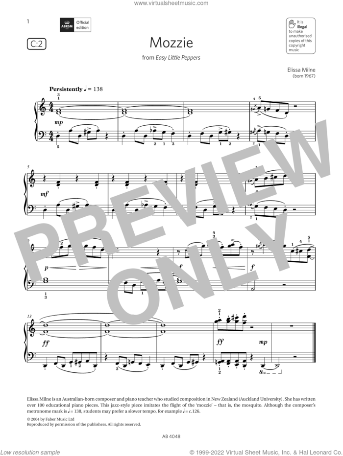 Mozzie (Grade 2, list C2, from the ABRSM Piano Syllabus 2023 and 2024) sheet music for piano solo by Elissa Milne, classical score, intermediate skill level