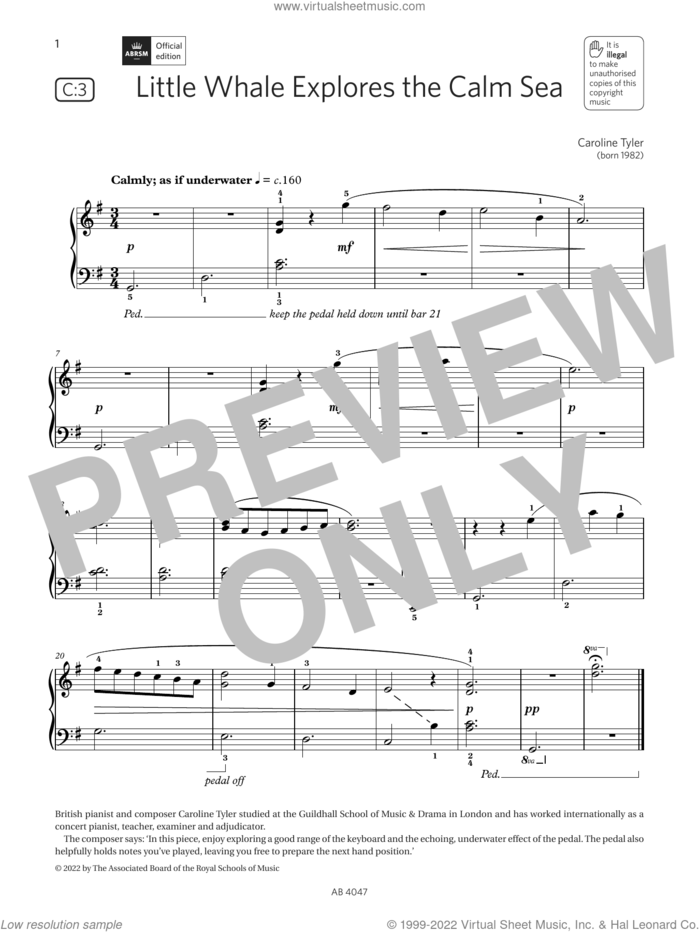 Little Whale Explores the Calm Sea (Grade 1, list C3, from the ABRSM Piano Syllabus 2023 and 2024) sheet music for piano solo by Caroline Tyler, classical score, intermediate skill level