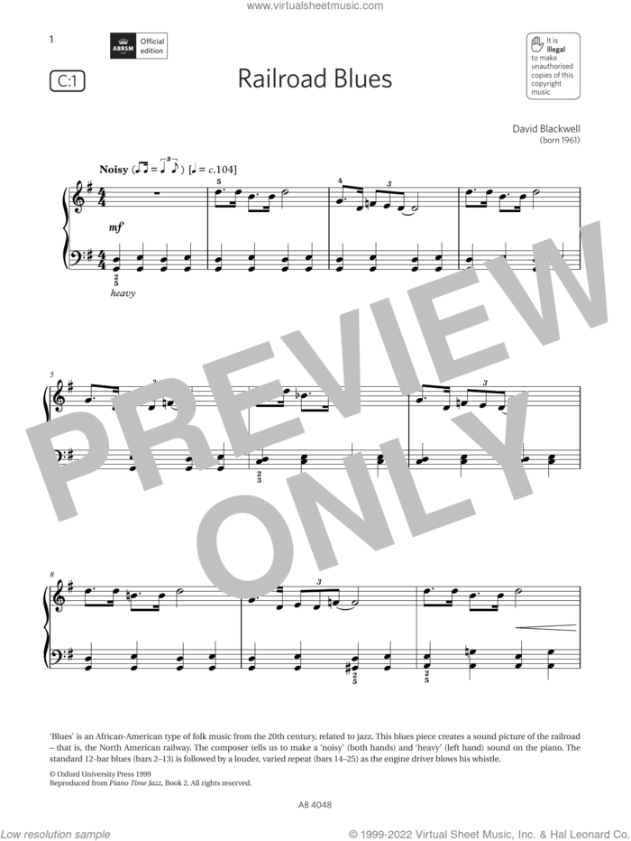 Railroad Blues (Grade 2, list C1, from the ABRSM Piano Syllabus 2023 and 2024) sheet music for piano solo by David Blackwell, classical score, intermediate skill level