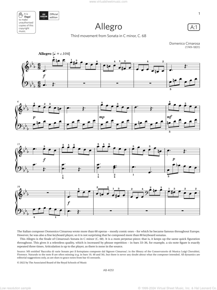 Allegro (Grade 5, list A1, from the ABRSM Piano Syllabus 2023 and 2024) sheet music for piano solo by Domenico Cimarosa, classical score, intermediate skill level