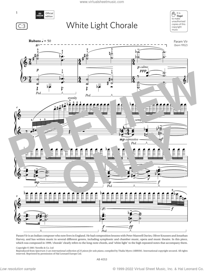 White Light Chorale (Grade 7, list C3, from the ABRSM Piano Syllabus 2023 and 2024) sheet music for piano solo by Param Vir, classical score, intermediate skill level