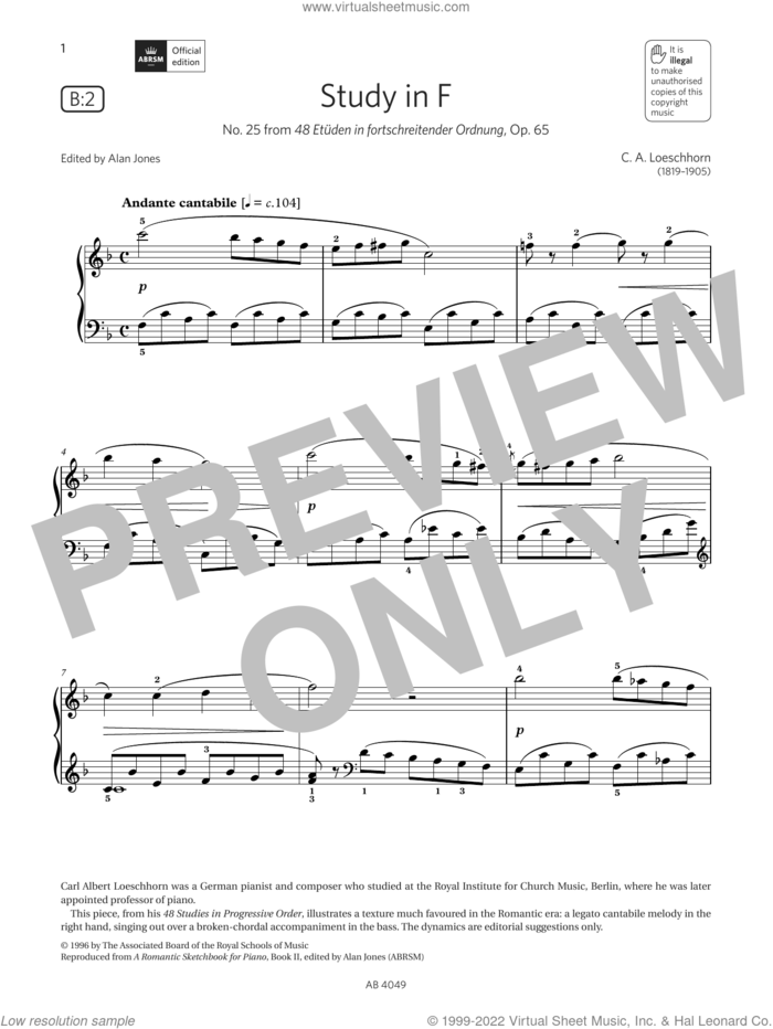 Study in F (Grade 3, list B2, from the ABRSM Piano Syllabus 2023 and 2024) sheet music for piano solo by C A Loeschhorn, classical score, intermediate skill level