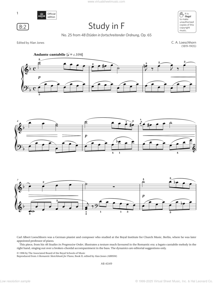 Study in F (Grade 3, list B2, from the ABRSM Piano Syllabus 2023 and 2024) sheet music for piano solo by C A Loeschhorn, classical score, intermediate skill level