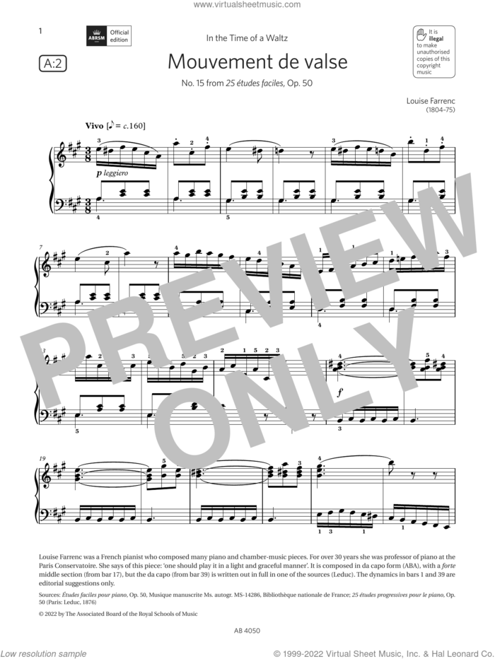 Mouvement de valse (Grade 4, list A2, from the ABRSM Piano Syllabus 2023 and 2024) sheet music for piano solo by Louise Farrenc, classical score, intermediate skill level