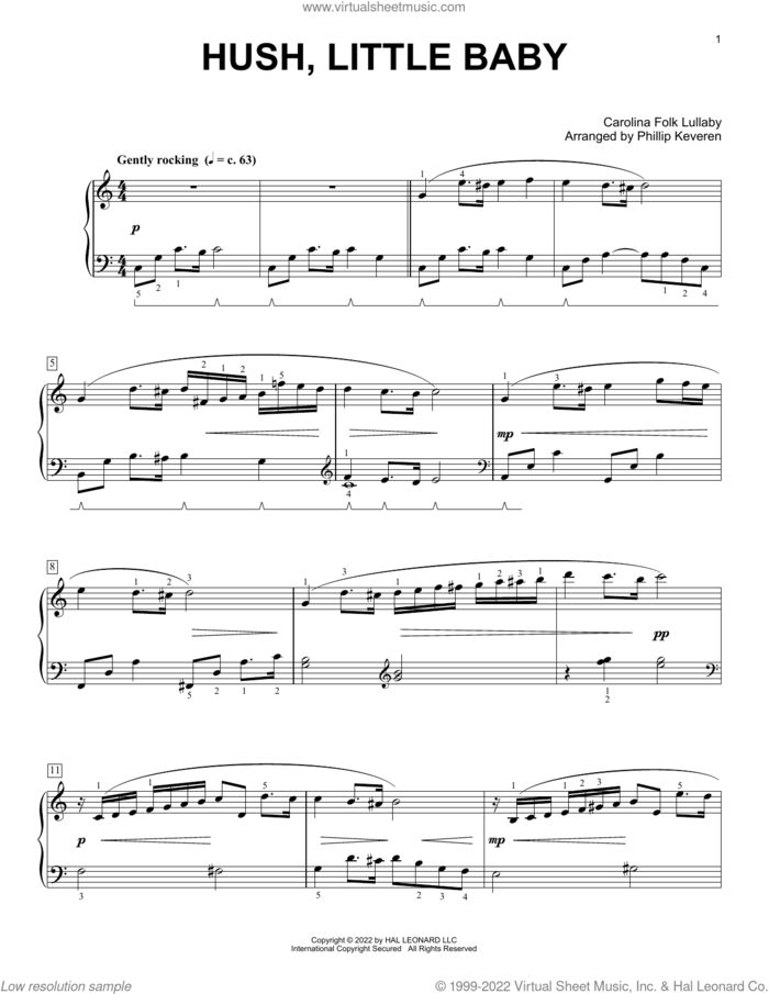 Hush, Little Baby (arr. Phillip Keveren) sheet music for piano solo by Carolina Folk Lullaby and Phillip Keveren, intermediate skill level