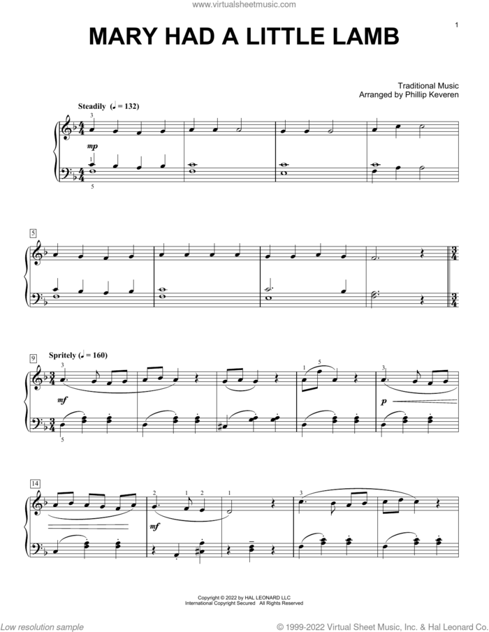 Mary Had A Little Lamb (arr. Phillip Keveren) sheet music for piano solo , Phillip Keveren and Sarah Josepha Hale, intermediate skill level