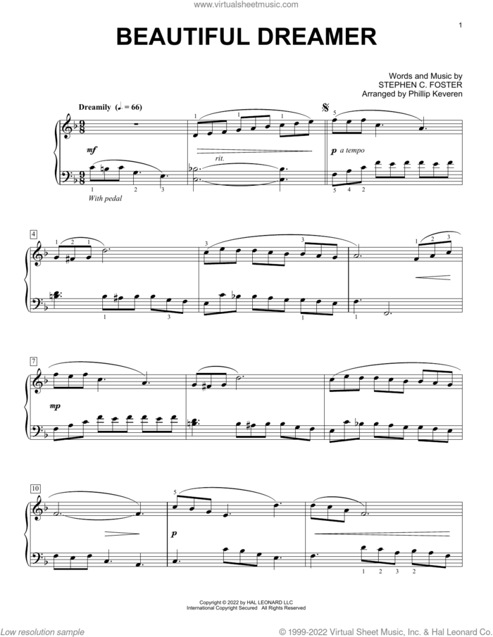 Beautiful Dreamer (arr. Phillip Keveren) sheet music for piano solo by Stephen Foster and Phillip Keveren, classical score, intermediate skill level