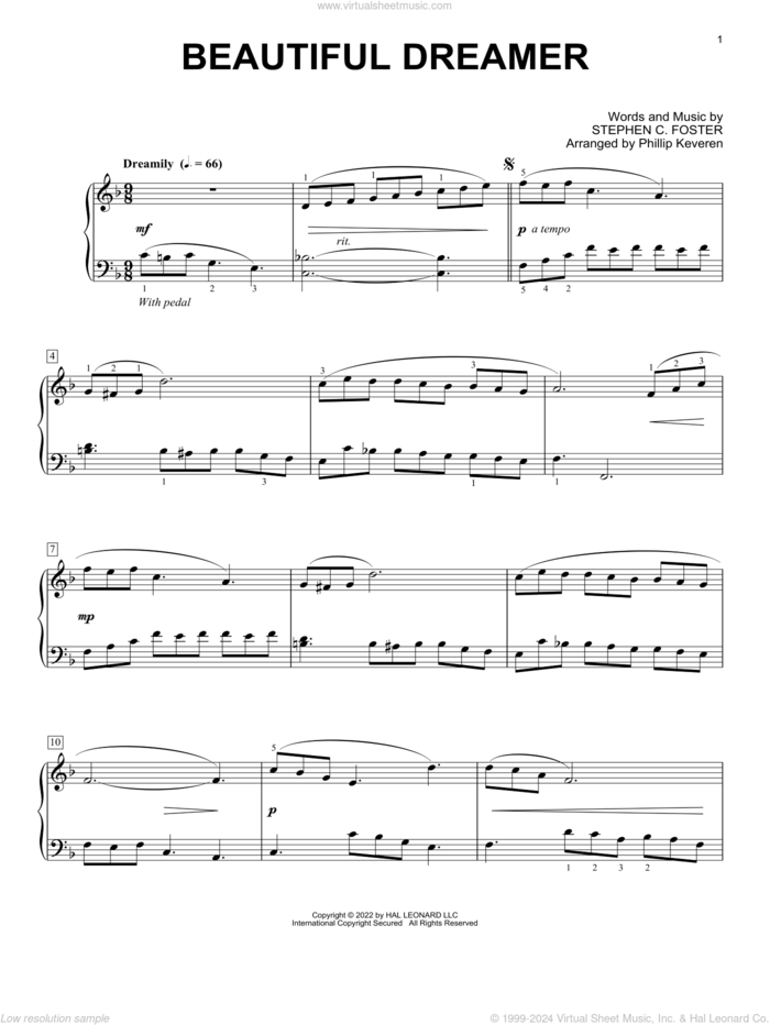 Beautiful Dreamer (arr. Phillip Keveren) sheet music for piano solo by Stephen Foster and Phillip Keveren, classical score, intermediate skill level