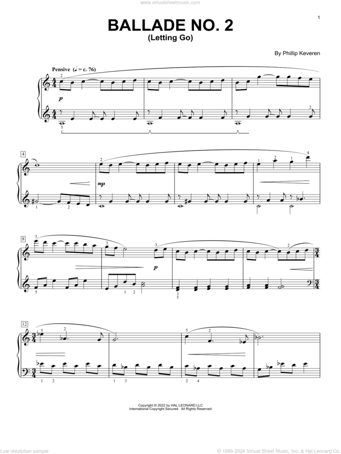 Ballade No. 2 (Letting Go) sheet music for piano solo by Phillip Keveren, classical score, intermediate skill level