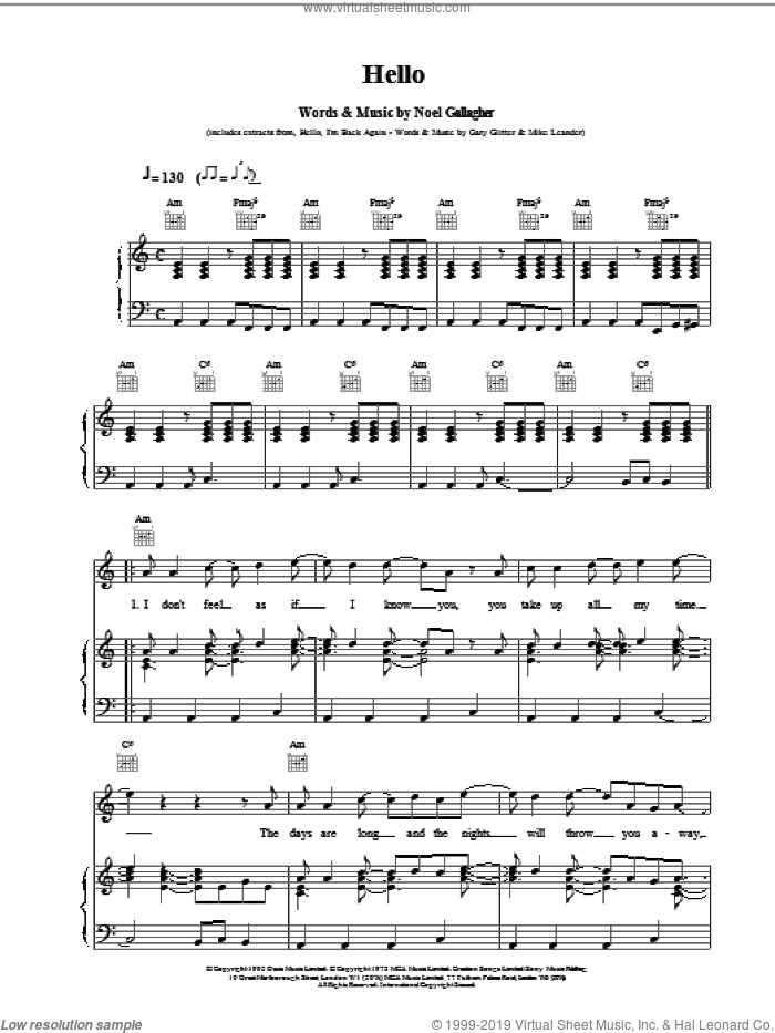 Hello sheet music for voice, piano or guitar by Oasis, intermediate skill level
