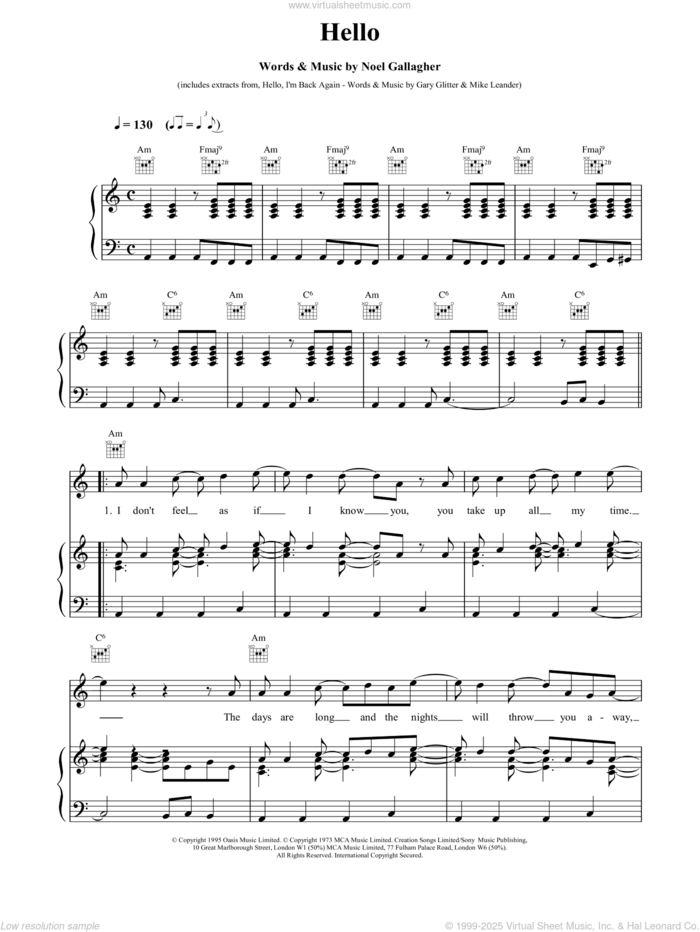 Hello sheet music for voice, piano or guitar by Oasis, intermediate skill level