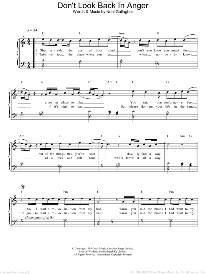 Don't Look Back In Anger sheet music for piano solo by Oasis, intermediate skill level