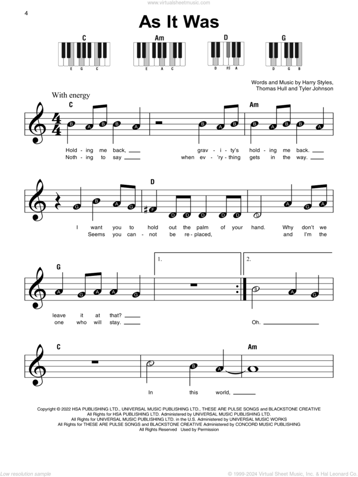 As It Was sheet music for piano solo by Harry Styles, Tom Hull and Tyler Johnson, beginner skill level