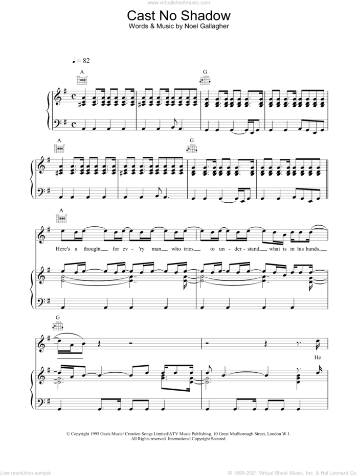 Cast No Shadow sheet music for voice, piano or guitar by Oasis, intermediate skill level