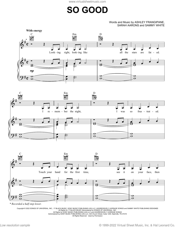 So Good sheet music for voice, piano or guitar by Halsey, Ashley Frangipane, Sammy White and Sarah Aarons, intermediate skill level