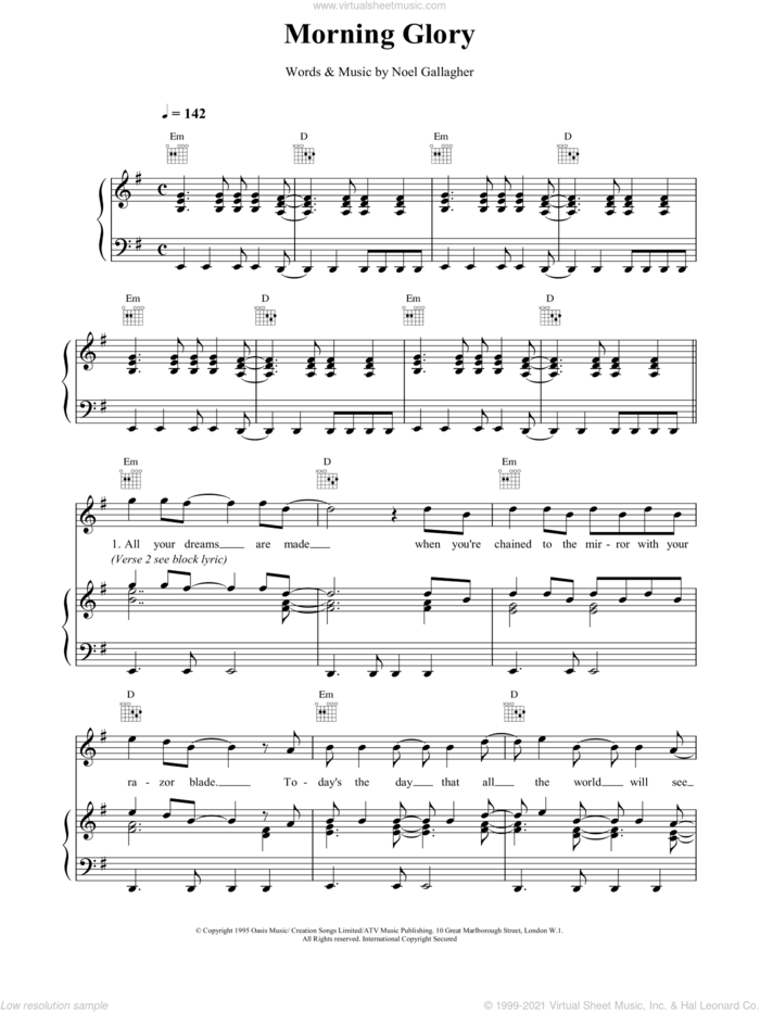 Morning Glory sheet music for voice, piano or guitar by Oasis, intermediate skill level