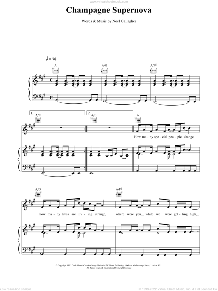 Champagne Supernova sheet music for voice, piano or guitar by Oasis, intermediate skill level