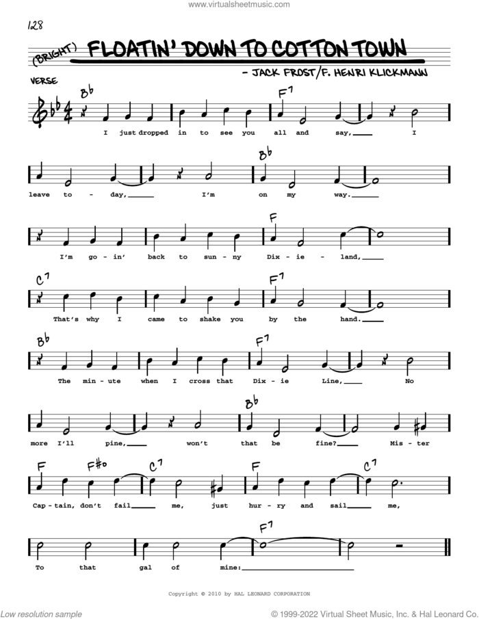 Floatin' Down To Cotton Town (arr. Robert Rawlins) sheet music for voice and other instruments (real book with lyrics) by Jack Frost, Robert Rawlins and F. Henri Klickmann, intermediate skill level