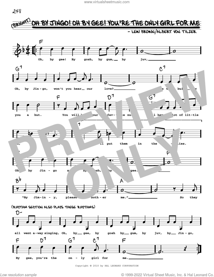 Oh By Jingo! Oh By Gee! You're The Only Girl For Me (arr. Robert Rawlins) sheet music for voice and other instruments (real book with lyrics) by Lew Brown, Robert Rawlins and Albert von Tilzer, intermediate skill level