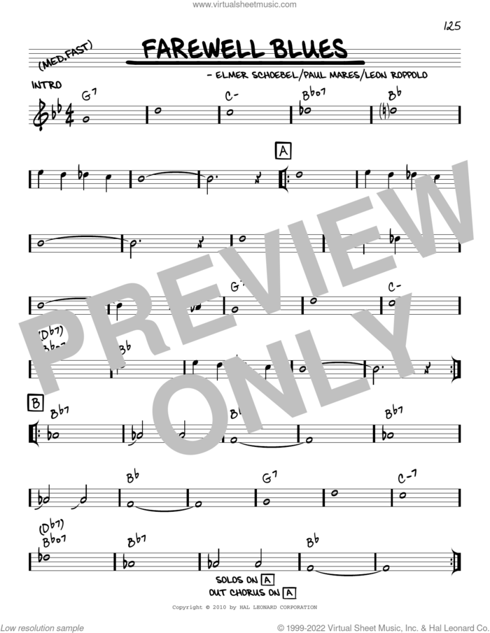 Farewell Blues (arr. Robert Rawlins) sheet music for voice and other instruments (real book with lyrics) by Elmer Schoebel, Robert Rawlins, Leon Roppolo and Paul Mares, intermediate skill level