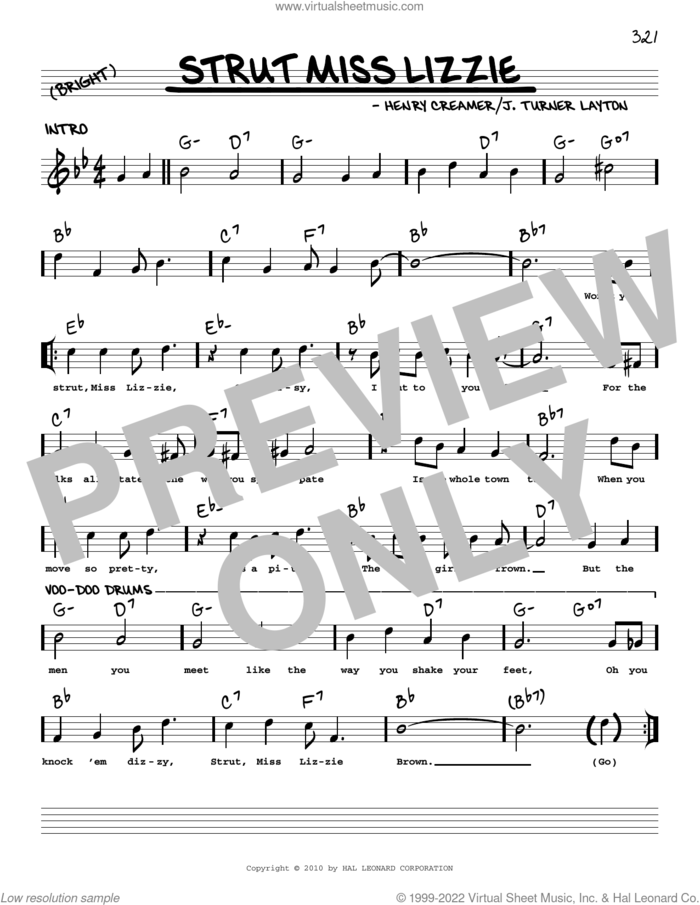 Strut Miss Lizzie (arr. Robert Rawlins) sheet music for voice and other instruments (real book with lyrics) by Henry Creamer, Robert Rawlins and Turner Layton, intermediate skill level