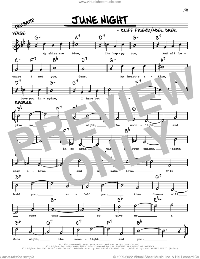 June Night (arr. Robert Rawlins) sheet music for voice and other instruments (real book with lyrics) by Cliff Friend, Robert Rawlins and Abel Baer, intermediate skill level